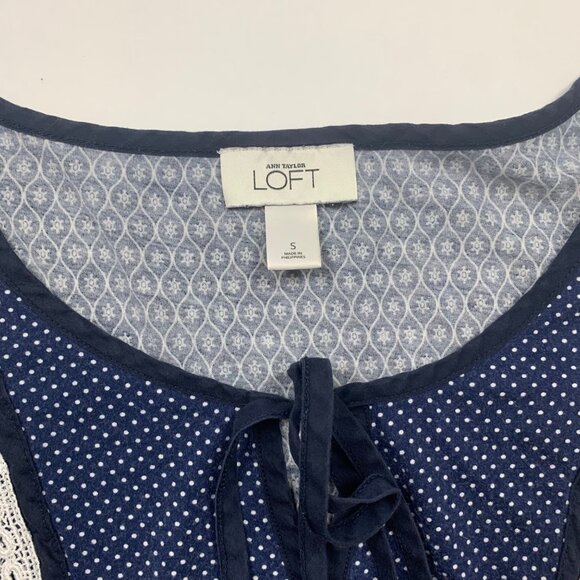 Ann Taylor Loft Womens Navy Printed Top Size S Boho Tie Neck 3/4 Sleeve - Picture 2 of 6